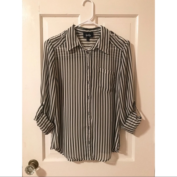 Sheer, Dark Green Striped Button Down Shirt, M - Picture 4 of 8